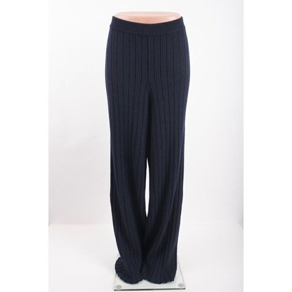 St. John Pants - St. John Womens Knit Wide Leg Ribbed Pants L Navy Blue 100% Wool K814023 NWT